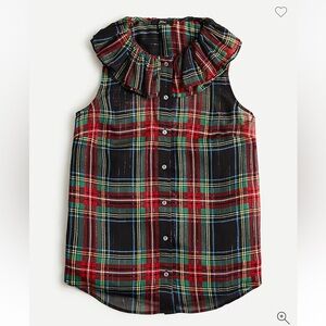 NWT J Crew Sleeveless ruffle-collar top in black Stewart tartan